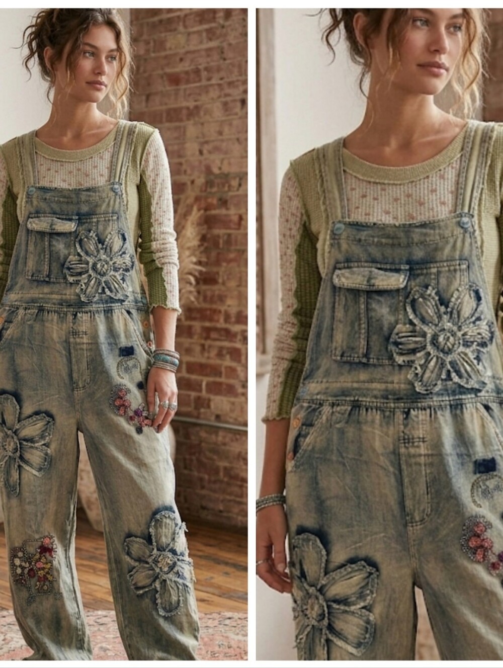 Light Floral Applique Mineral Wash Denim Overalls for Women - Set PRice